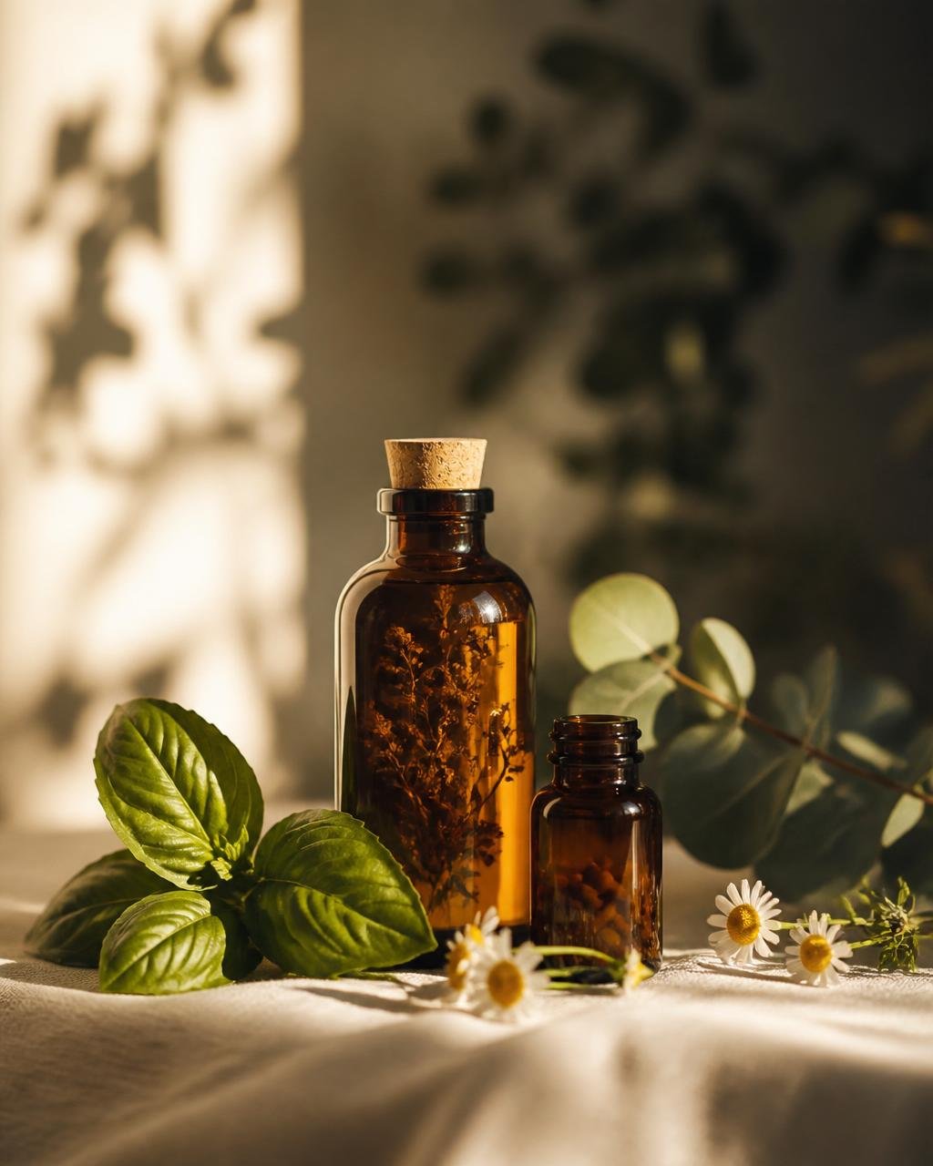Amber apothecary bottle with fresh basil, eucalyptus and chamomile in warm morning light